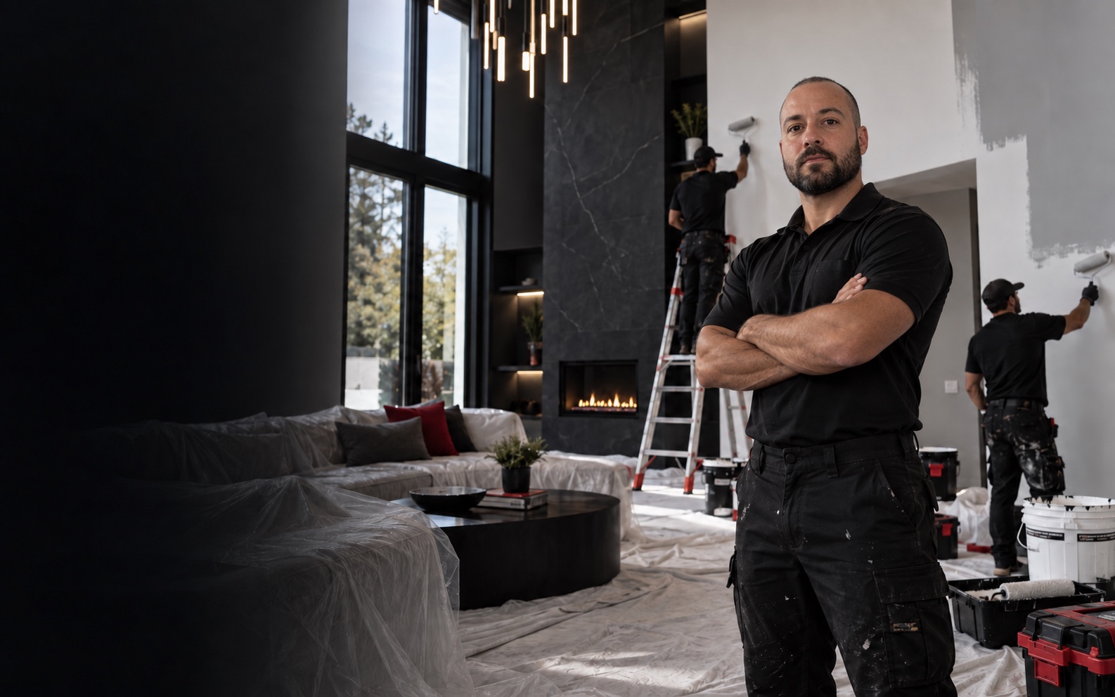 Empresário de pintura acompanhando sua equipe em um projeto residencial