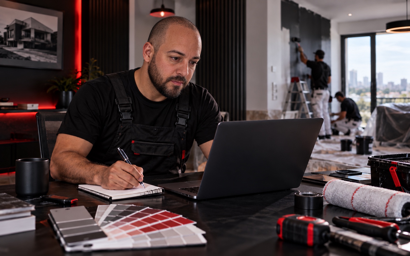 Empresário participando de treinamento online enquanto uma equipe executa pintura residencial